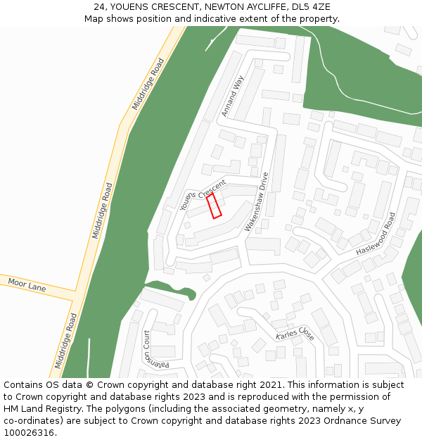 24, YOUENS CRESCENT, NEWTON AYCLIFFE, DL5 4ZE: Location map and indicative extent of plot