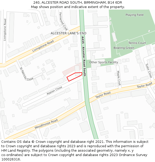 240, ALCESTER ROAD SOUTH, BIRMINGHAM, B14 6DR: Location map and indicative extent of plot