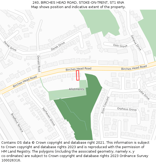 240, BIRCHES HEAD ROAD, STOKE-ON-TRENT, ST1 6NA: Location map and indicative extent of plot