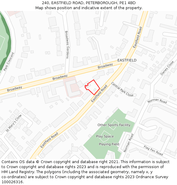 240, EASTFIELD ROAD, PETERBOROUGH, PE1 4BD: Location map and indicative extent of plot