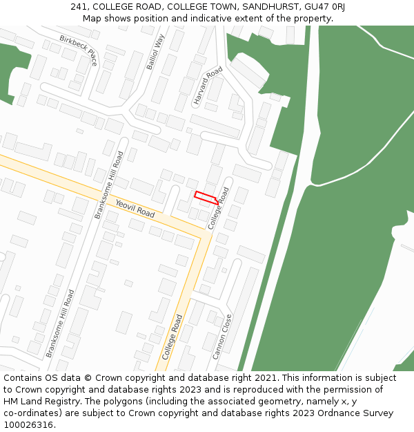 241, COLLEGE ROAD, COLLEGE TOWN, SANDHURST, GU47 0RJ: Location map and indicative extent of plot