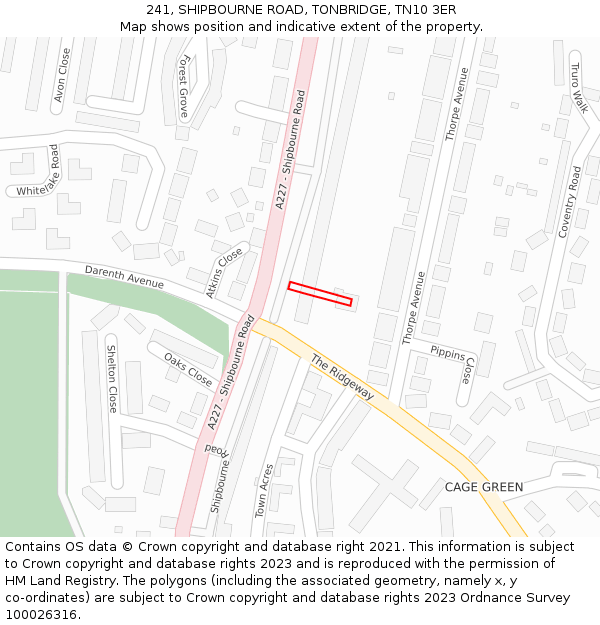 241, SHIPBOURNE ROAD, TONBRIDGE, TN10 3ER: Location map and indicative extent of plot