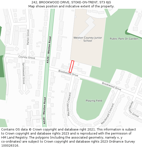 242, BROOKWOOD DRIVE, STOKE-ON-TRENT, ST3 6JG: Location map and indicative extent of plot