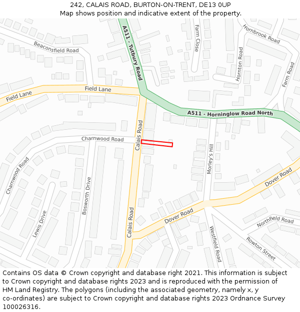 242, CALAIS ROAD, BURTON-ON-TRENT, DE13 0UP: Location map and indicative extent of plot