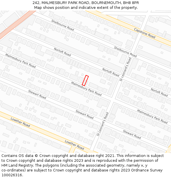 242, MALMESBURY PARK ROAD, BOURNEMOUTH, BH8 8PR: Location map and indicative extent of plot