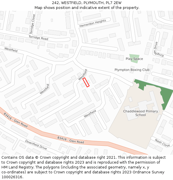242, WESTFIELD, PLYMOUTH, PL7 2EW: Location map and indicative extent of plot
