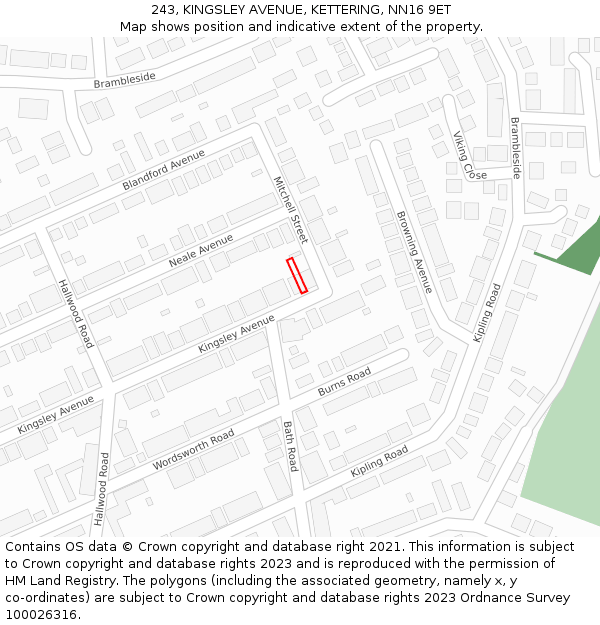 243, KINGSLEY AVENUE, KETTERING, NN16 9ET: Location map and indicative extent of plot