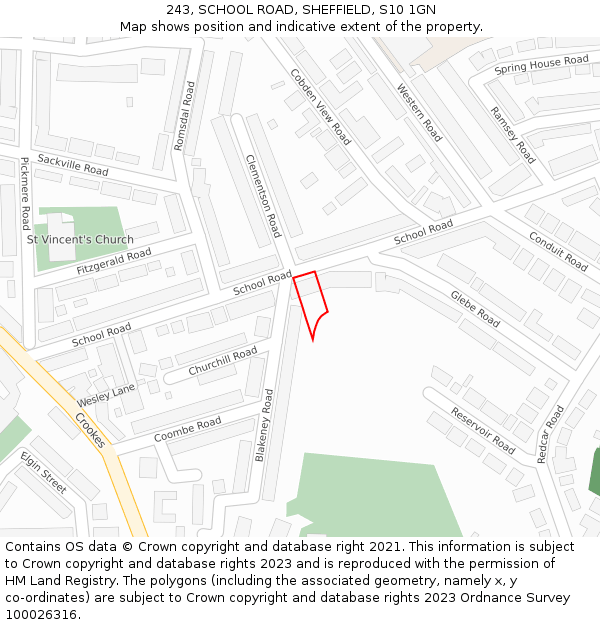 243, SCHOOL ROAD, SHEFFIELD, S10 1GN: Location map and indicative extent of plot