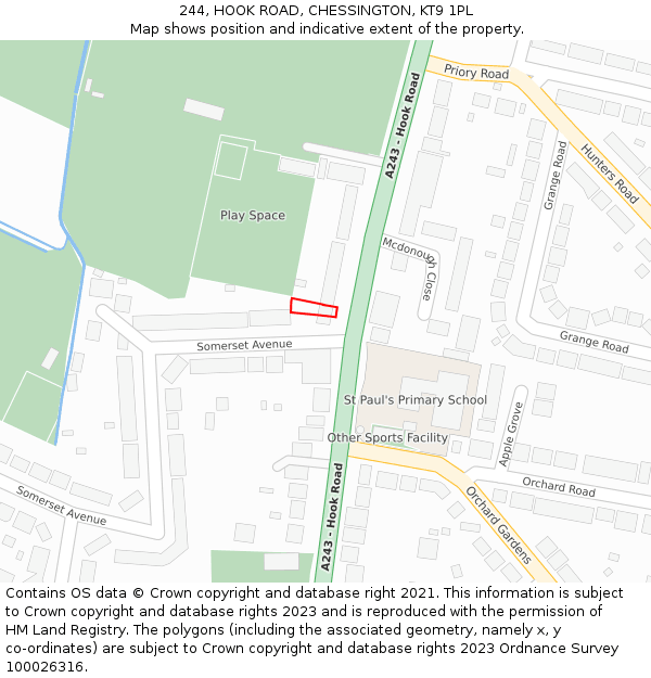 244, HOOK ROAD, CHESSINGTON, KT9 1PL: Location map and indicative extent of plot