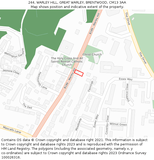 244, WARLEY HILL, GREAT WARLEY, BRENTWOOD, CM13 3AA: Location map and indicative extent of plot