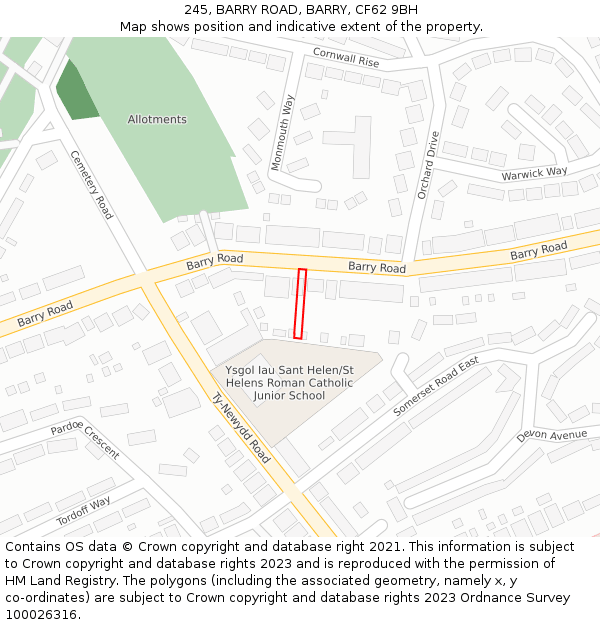 245, BARRY ROAD, BARRY, CF62 9BH: Location map and indicative extent of plot