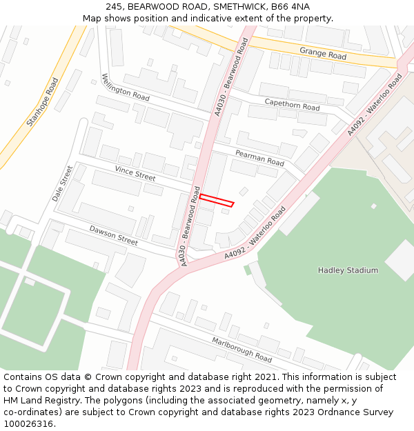 245, BEARWOOD ROAD, SMETHWICK, B66 4NA: Location map and indicative extent of plot