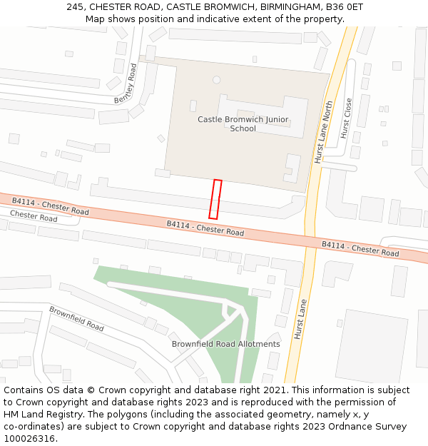 245, CHESTER ROAD, CASTLE BROMWICH, BIRMINGHAM, B36 0ET: Location map and indicative extent of plot
