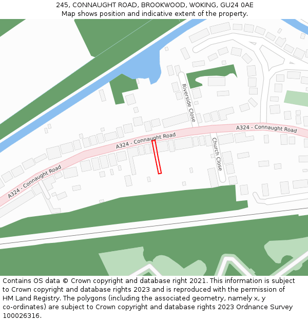 245, CONNAUGHT ROAD, BROOKWOOD, WOKING, GU24 0AE: Location map and indicative extent of plot