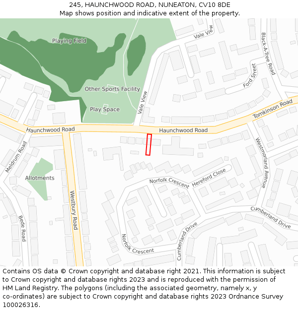 245, HAUNCHWOOD ROAD, NUNEATON, CV10 8DE: Location map and indicative extent of plot
