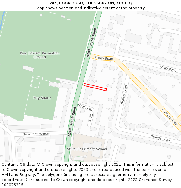 245, HOOK ROAD, CHESSINGTON, KT9 1EQ: Location map and indicative extent of plot