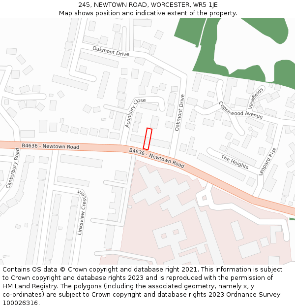 245, NEWTOWN ROAD, WORCESTER, WR5 1JE: Location map and indicative extent of plot