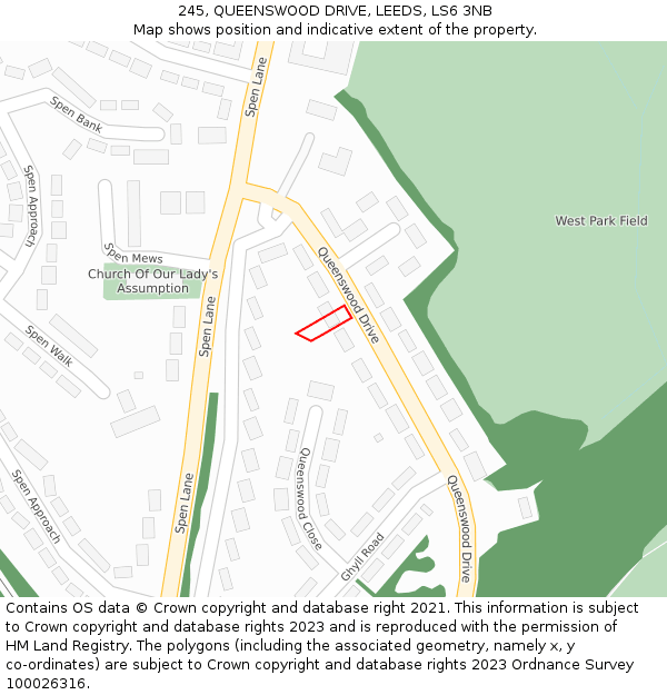 245, QUEENSWOOD DRIVE, LEEDS, LS6 3NB: Location map and indicative extent of plot