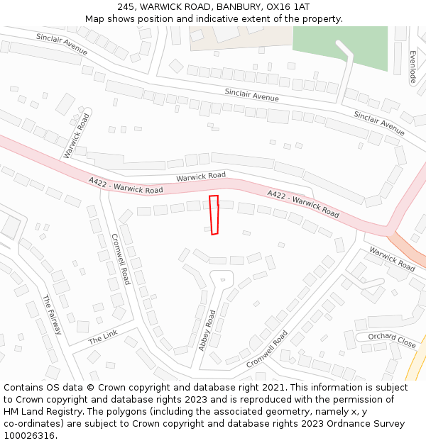 245, WARWICK ROAD, BANBURY, OX16 1AT: Location map and indicative extent of plot
