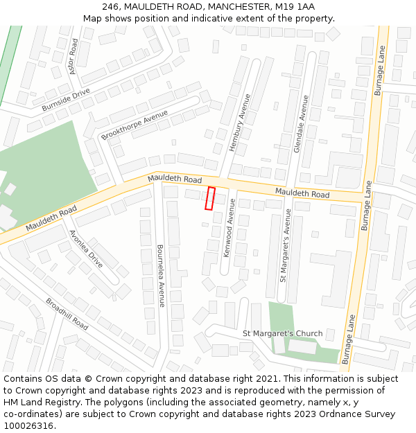 246, MAULDETH ROAD, MANCHESTER, M19 1AA: Location map and indicative extent of plot