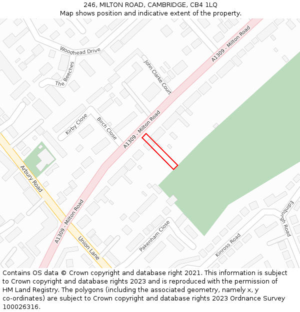 246, MILTON ROAD, CAMBRIDGE, CB4 1LQ: Location map and indicative extent of plot