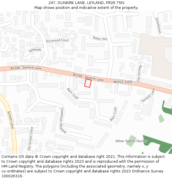 247, DUNKIRK LANE, LEYLAND, PR26 7SN: Location map and indicative extent of plot