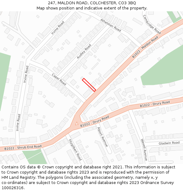 247, MALDON ROAD, COLCHESTER, CO3 3BQ: Location map and indicative extent of plot