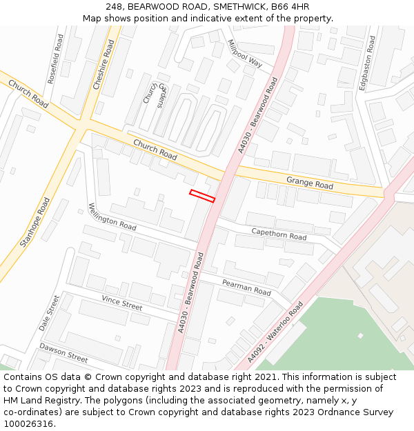 248, BEARWOOD ROAD, SMETHWICK, B66 4HR: Location map and indicative extent of plot