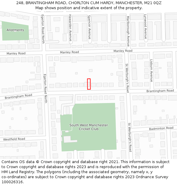 248, BRANTINGHAM ROAD, CHORLTON CUM HARDY, MANCHESTER, M21 0QZ: Location map and indicative extent of plot