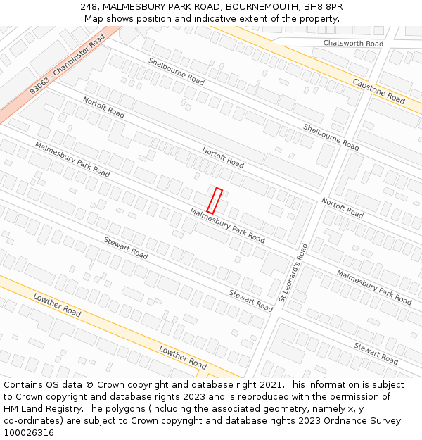 248, MALMESBURY PARK ROAD, BOURNEMOUTH, BH8 8PR: Location map and indicative extent of plot