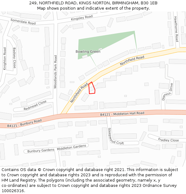 249, NORTHFIELD ROAD, KINGS NORTON, BIRMINGHAM, B30 1EB: Location map and indicative extent of plot