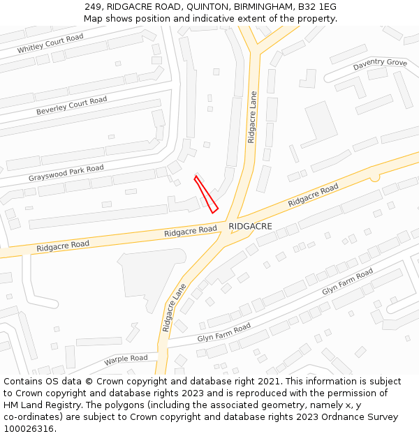 249, RIDGACRE ROAD, QUINTON, BIRMINGHAM, B32 1EG: Location map and indicative extent of plot