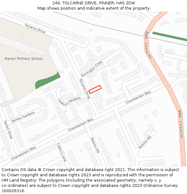 249, TOLCARNE DRIVE, PINNER, HA5 2DW: Location map and indicative extent of plot