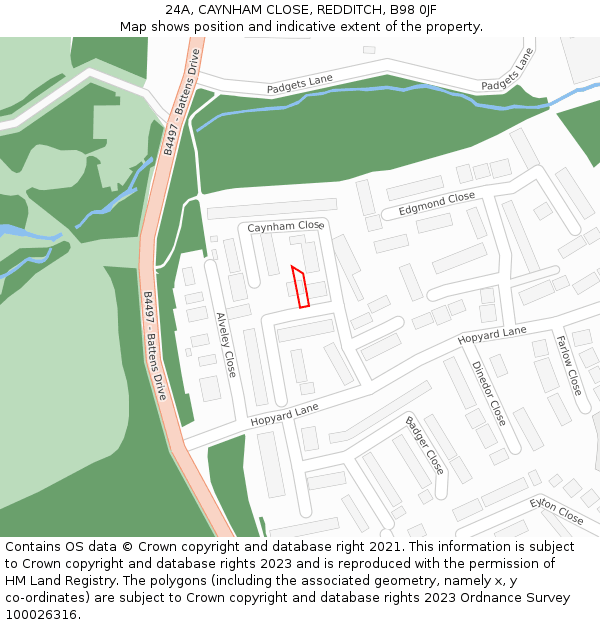 24A, CAYNHAM CLOSE, REDDITCH, B98 0JF: Location map and indicative extent of plot
