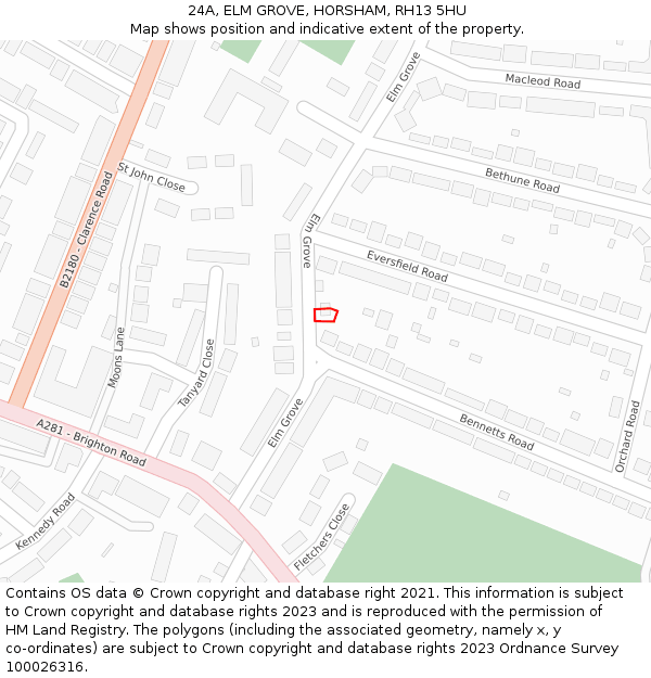 24A, ELM GROVE, HORSHAM, RH13 5HU: Location map and indicative extent of plot