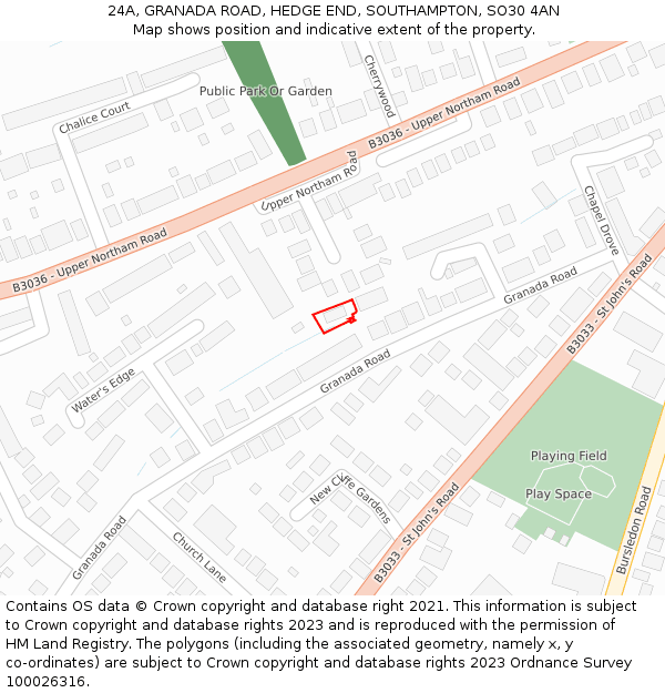 24A, GRANADA ROAD, HEDGE END, SOUTHAMPTON, SO30 4AN: Location map and indicative extent of plot
