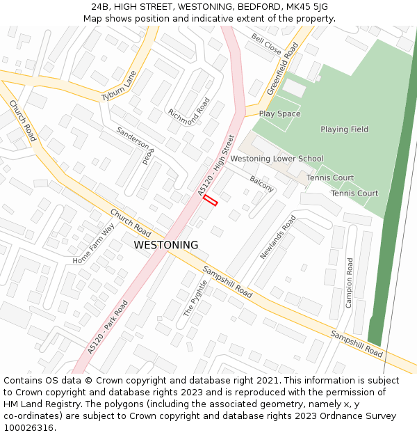 24B, HIGH STREET, WESTONING, BEDFORD, MK45 5JG: Location map and indicative extent of plot