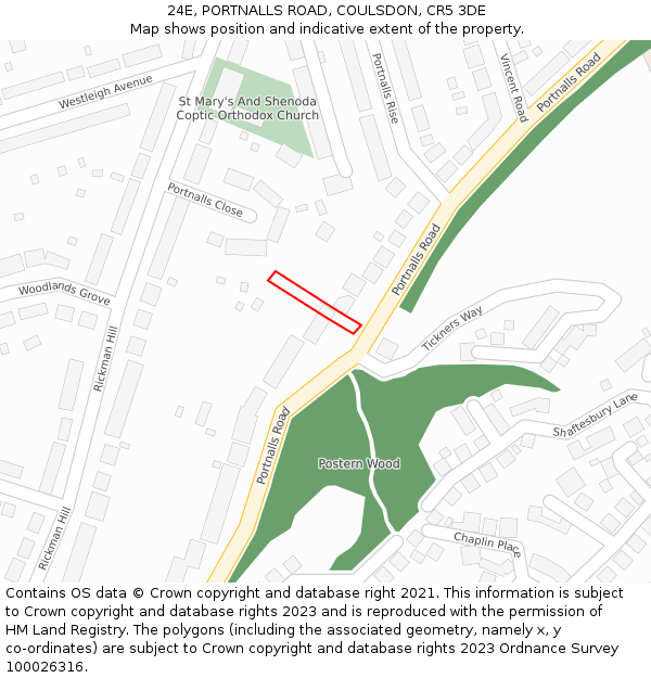 24E, PORTNALLS ROAD, COULSDON, CR5 3DE: Location map and indicative extent of plot