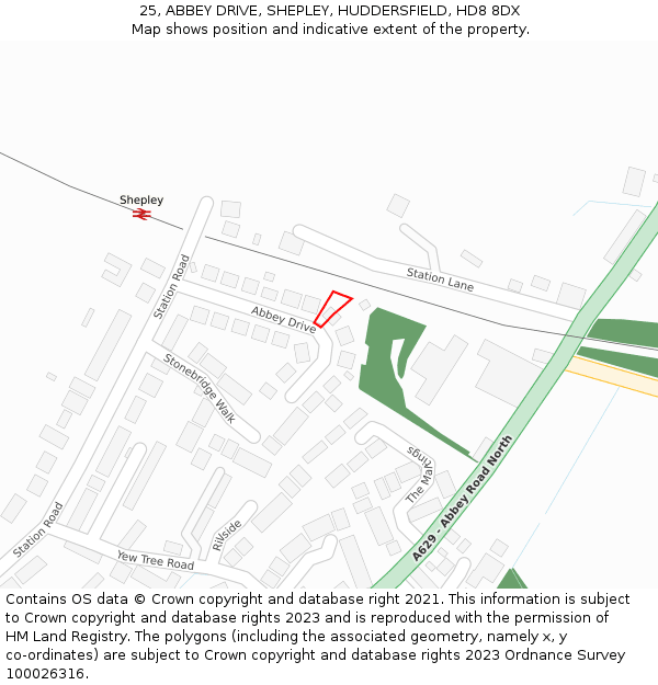 25, ABBEY DRIVE, SHEPLEY, HUDDERSFIELD, HD8 8DX: Location map and indicative extent of plot