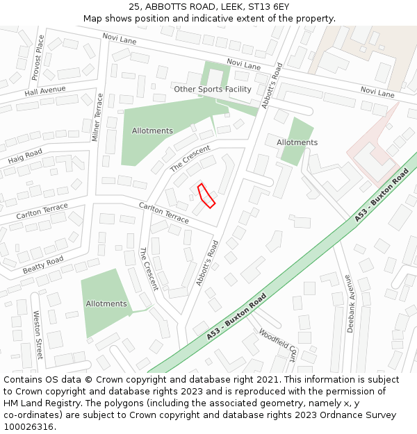 25, ABBOTTS ROAD, LEEK, ST13 6EY: Location map and indicative extent of plot