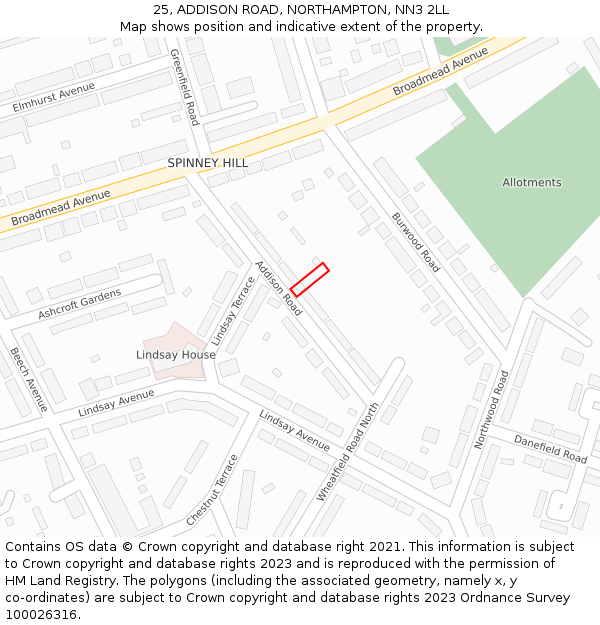 25, ADDISON ROAD, NORTHAMPTON, NN3 2LL: Location map and indicative extent of plot
