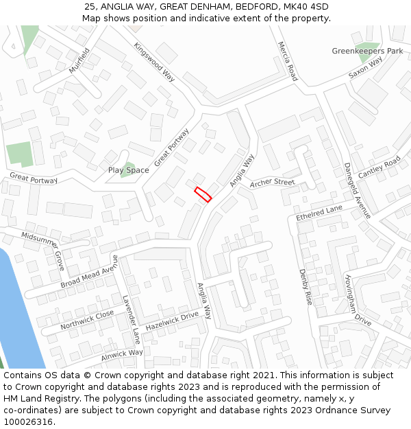 25, ANGLIA WAY, GREAT DENHAM, BEDFORD, MK40 4SD: Location map and indicative extent of plot