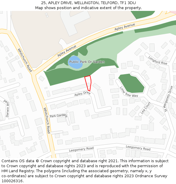 25, APLEY DRIVE, WELLINGTON, TELFORD, TF1 3DU: Location map and indicative extent of plot