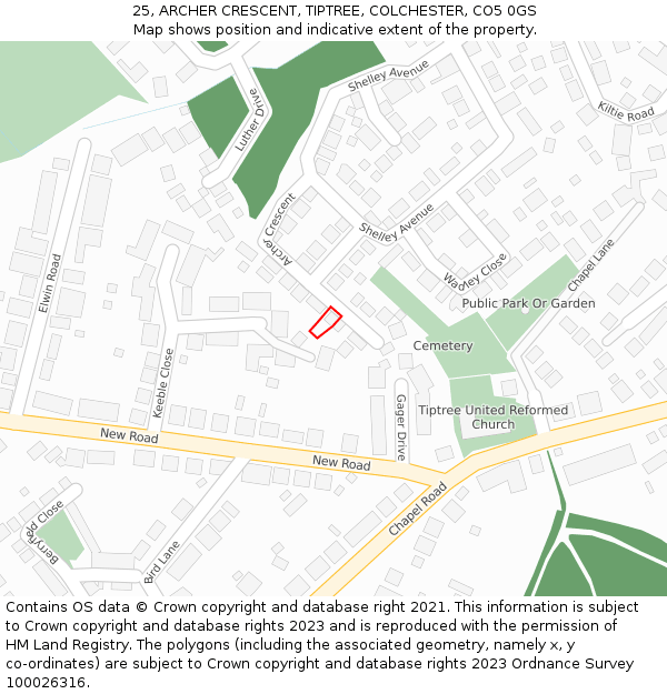 25, ARCHER CRESCENT, TIPTREE, COLCHESTER, CO5 0GS: Location map and indicative extent of plot