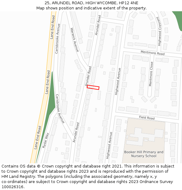 25, ARUNDEL ROAD, HIGH WYCOMBE, HP12 4NE: Location map and indicative extent of plot