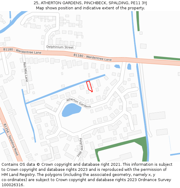 25, ATHERTON GARDENS, PINCHBECK, SPALDING, PE11 3YJ: Location map and indicative extent of plot