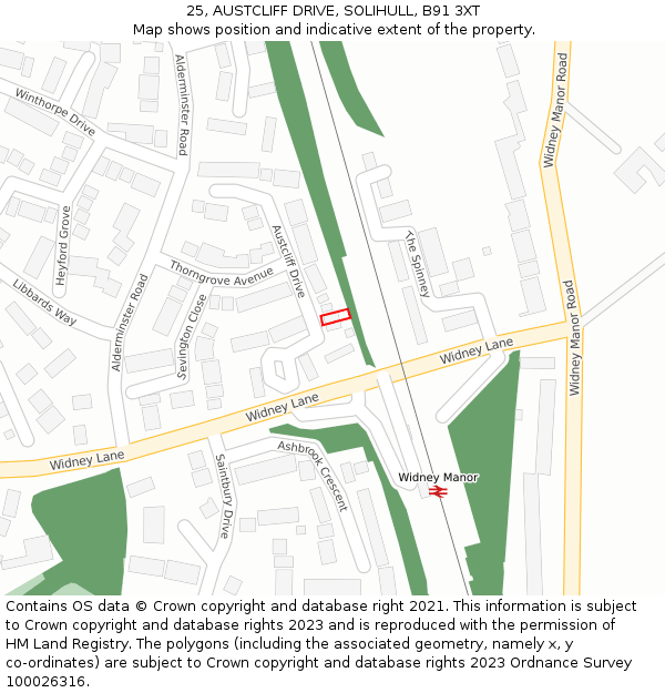25, AUSTCLIFF DRIVE, SOLIHULL, B91 3XT: Location map and indicative extent of plot