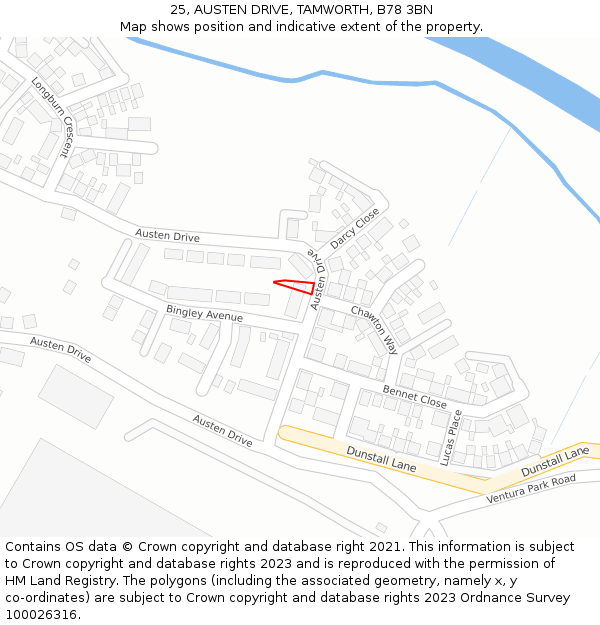25, AUSTEN DRIVE, TAMWORTH, B78 3BN: Location map and indicative extent of plot