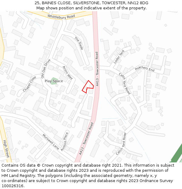 25, BAINES CLOSE, SILVERSTONE, TOWCESTER, NN12 8DG: Location map and indicative extent of plot