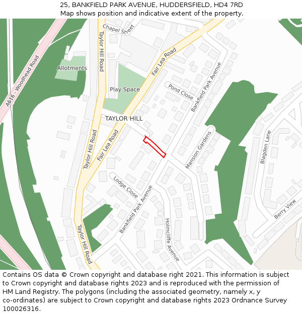 25, BANKFIELD PARK AVENUE, HUDDERSFIELD, HD4 7RD: Location map and indicative extent of plot